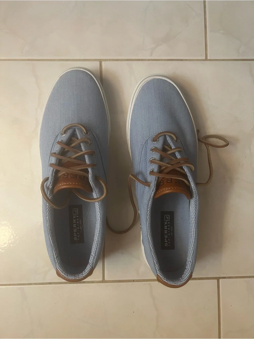 Sperry Top-Sider Striper Men’s Light Blue Canvas Boat Shoes with Brown Trim